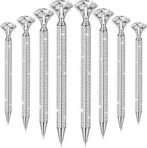 6 Pcs Big Diamond Pens with Crystal Bling Rhinestone Metal Glitter Diamond Ballpoint Black Ink Pens Wedding Bridal Shower Favors for Birthday Gift Supplies(Silver+Rose Gold,Silver)