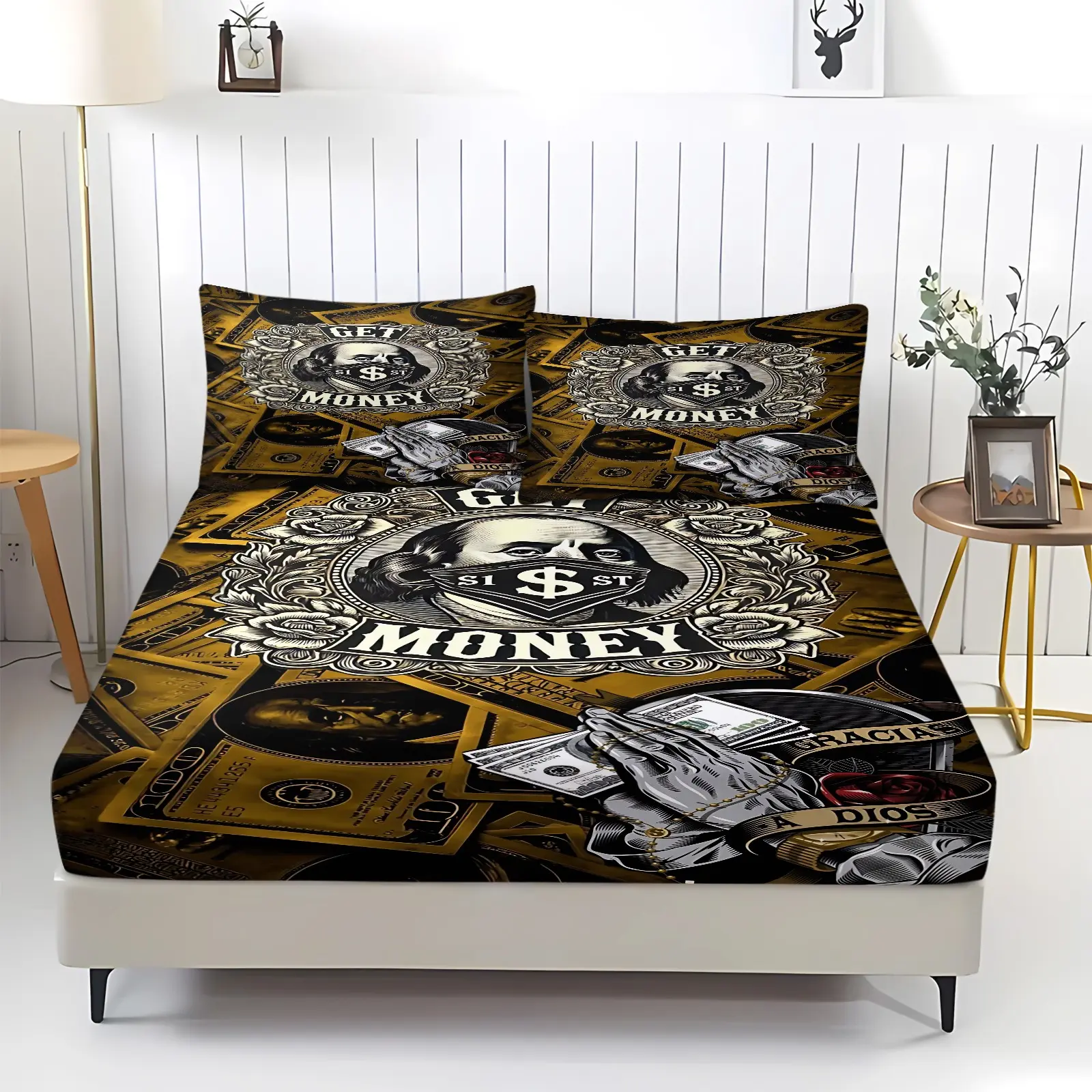 Dollar Print Fitted Sheet Set, 3Pcs Black Gold Aesthetic Comfy Bedding Set, Soft Microfiber Material, Cozy Breathable Sheets, Suitable for All Seasons, Bedroom Decor for Men Teens. Includes 2 Pillowcases, No Pillow Core