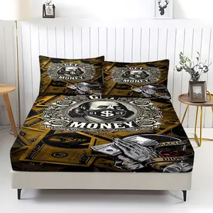 Dollar Print Fitted Sheet Set, 3Pcs Black Gold Aesthetic Bedding Set, Soft Microfiber Material, Cozy Breathable, Suitable for All Seasons, Bedroom Decor for Men Teens. Includes 2 Pillowcases, No Pillow Core