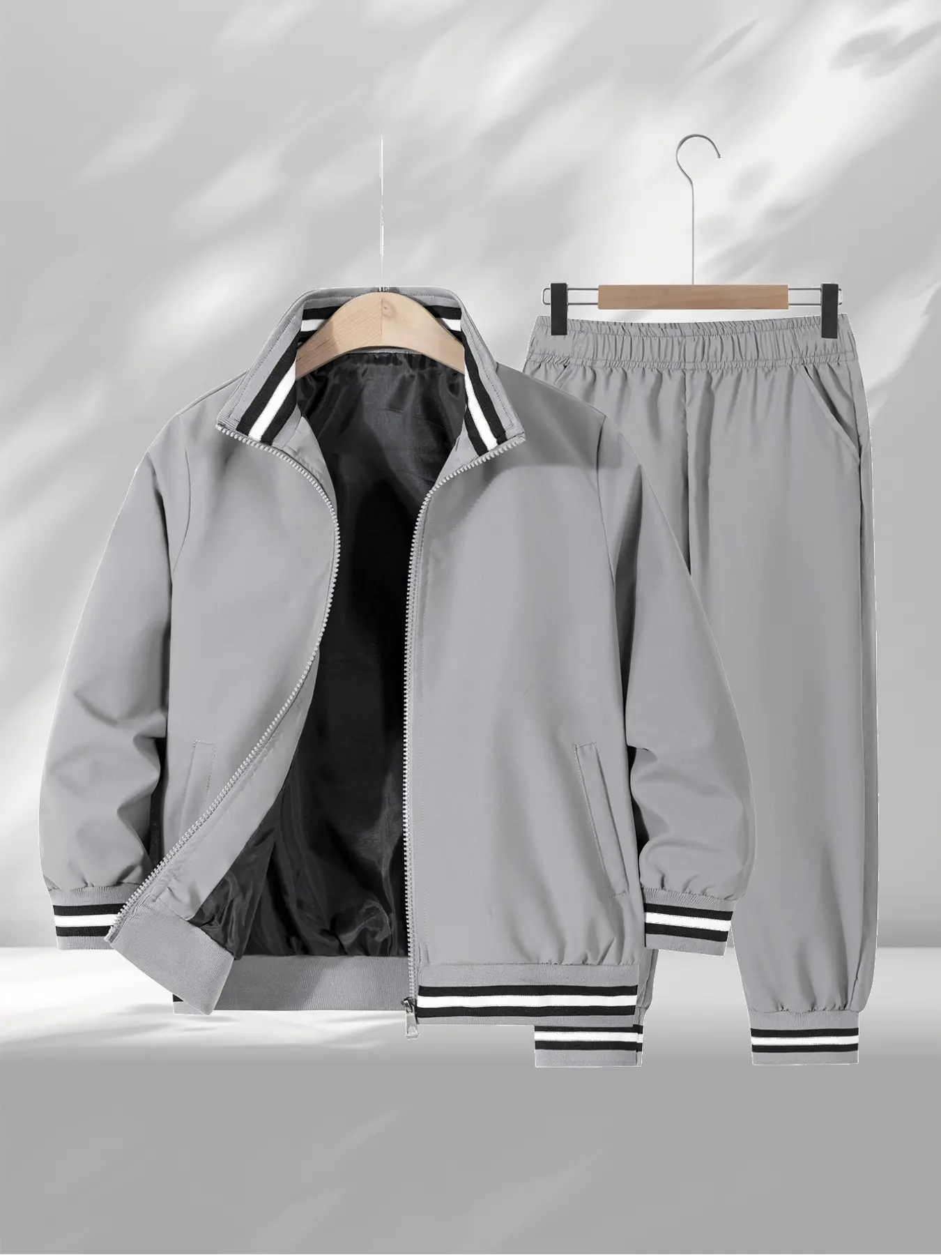Boys' Fashion Set, Stand Collar Long Sleeve Jacket + Drawstring Pants, Colorblock Stripes, Pocket Zip Details, Casual Comfortable, Striped Sets, Outfit Sets, Color Blocking Set, Outfits Set