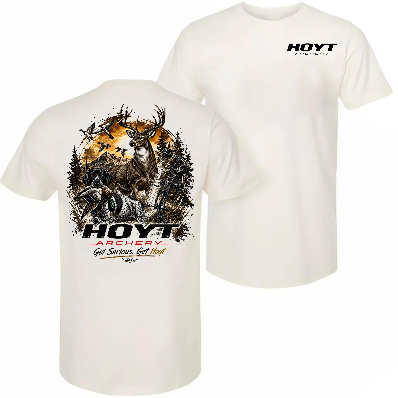 Hoyt Archery Deer Hunting Shirt for Men, Duck Hunting Dog & Compound Bow Graphic Tee, Vintage Southern Outdoors Hunter Gift