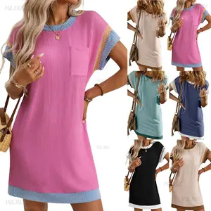 2025Womens Casual Knit Lightweight Dress Summer Outfits Crewneck Shortsleeve Slim Color Block Ribbed Rose Red Mini Dress