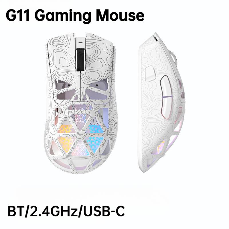 G11 Skeleton Wireless Gaming Mouse PAW3311 RGB Glow Tri-mode Bluetooth Transparent Shell Fast Response Rechargeable FPS Mouse Tiktokshop Lightweight, Gaming with Side Button, Hollowed-out design, White/ Black for Laptop