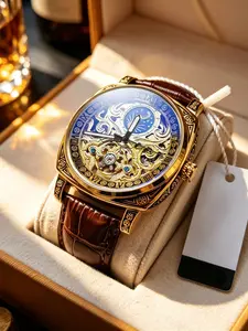 Luxurious Men's Mechanical Watch, Florentine Relief Design, Vintage Style, Hollow Front Flywheel, Automatic Winding, Luxury Gift Watch