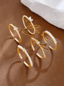 Elegant 5-Piece Geometric Design Copper Inlaid Zircon Stacking Ring Set, Chic Suitable for Women's Daily Wear, Perfect for Commute and Casual Outings, Elegant Fashion Rings, Stackable Rings