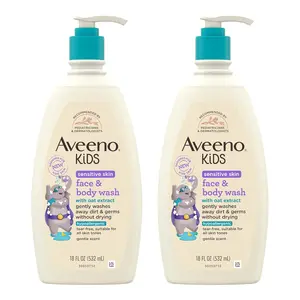 Aveeno Kids Sensitive Skin Face & Body Wash, Nourishing Oat Extract, Wash Away Dirt and Germs Without Drying, Kids Body Wash is Tear-Free, Hypoallergenic, Sulfate- & Dye-Free, 18 Fl Oz