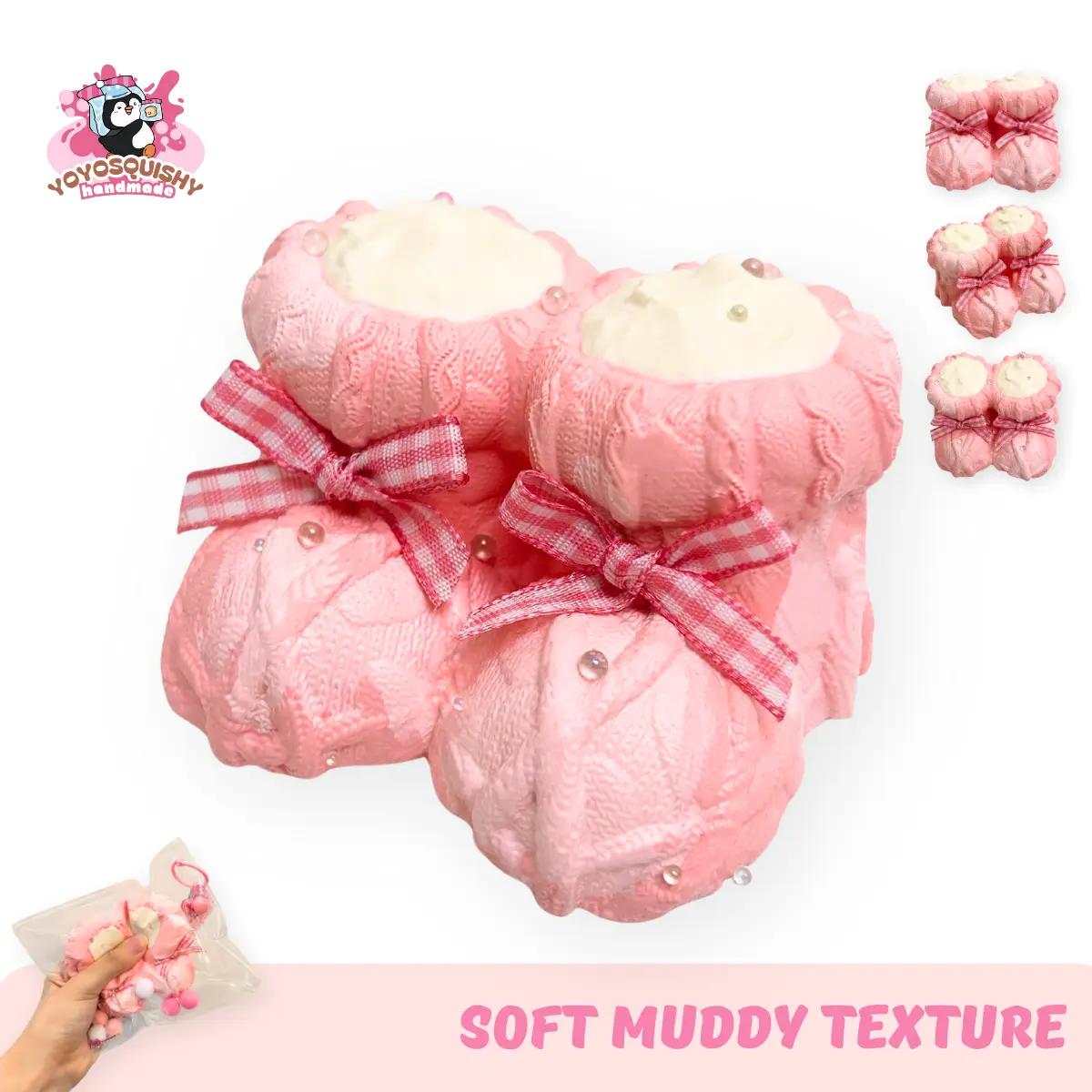 YOYOSQUISHY Pink Boots Taba Novelty Squishy Food - Food-Grade Silicone Squishy Sensory Play Toy, Unisex Stress Relief Fidget Tool with Muddy Texture, 8.4×6.9×4.3 cm Softness, Handmade Personalized Piece, Gift-Ready Box for Boxed Fidget Toy Gifts