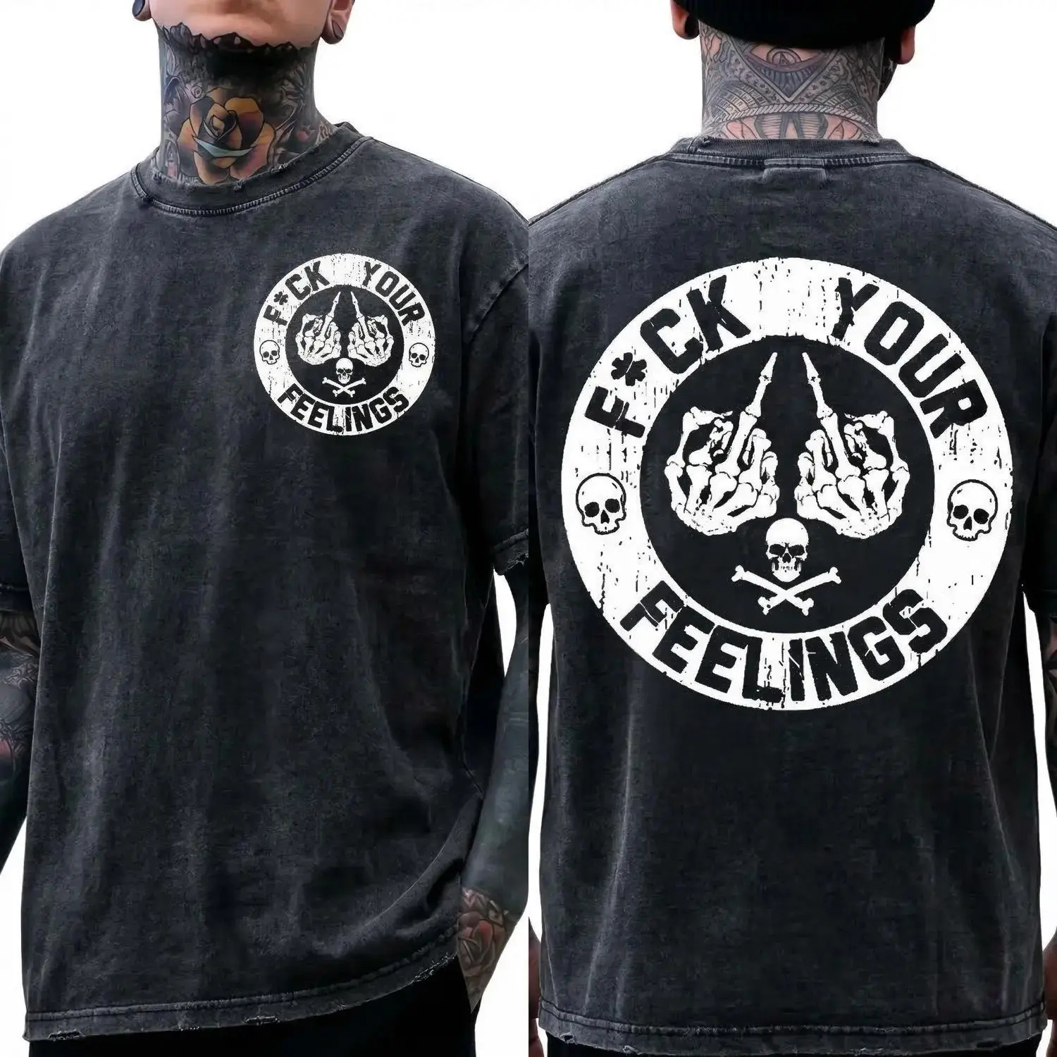 Men's Short-Sleeve Skull & Angel Graphic T-Shirt - "F*ck Your Feelings" Bold Statement, Limited Edition Streetwear, Fitted Cut, Lightweight, High Stretch, Machine Washable Casual Top, Graphic Print