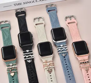 Watch Band Charms (Band Included), Compatible with Apple Watch Band 38mm 40mm 41mm, Floral Engraved Silicone Straps & Decorative Rings Accessories for iWatch Series se 10 9 8 7 6 5 4 3 2 1 Flower Metal