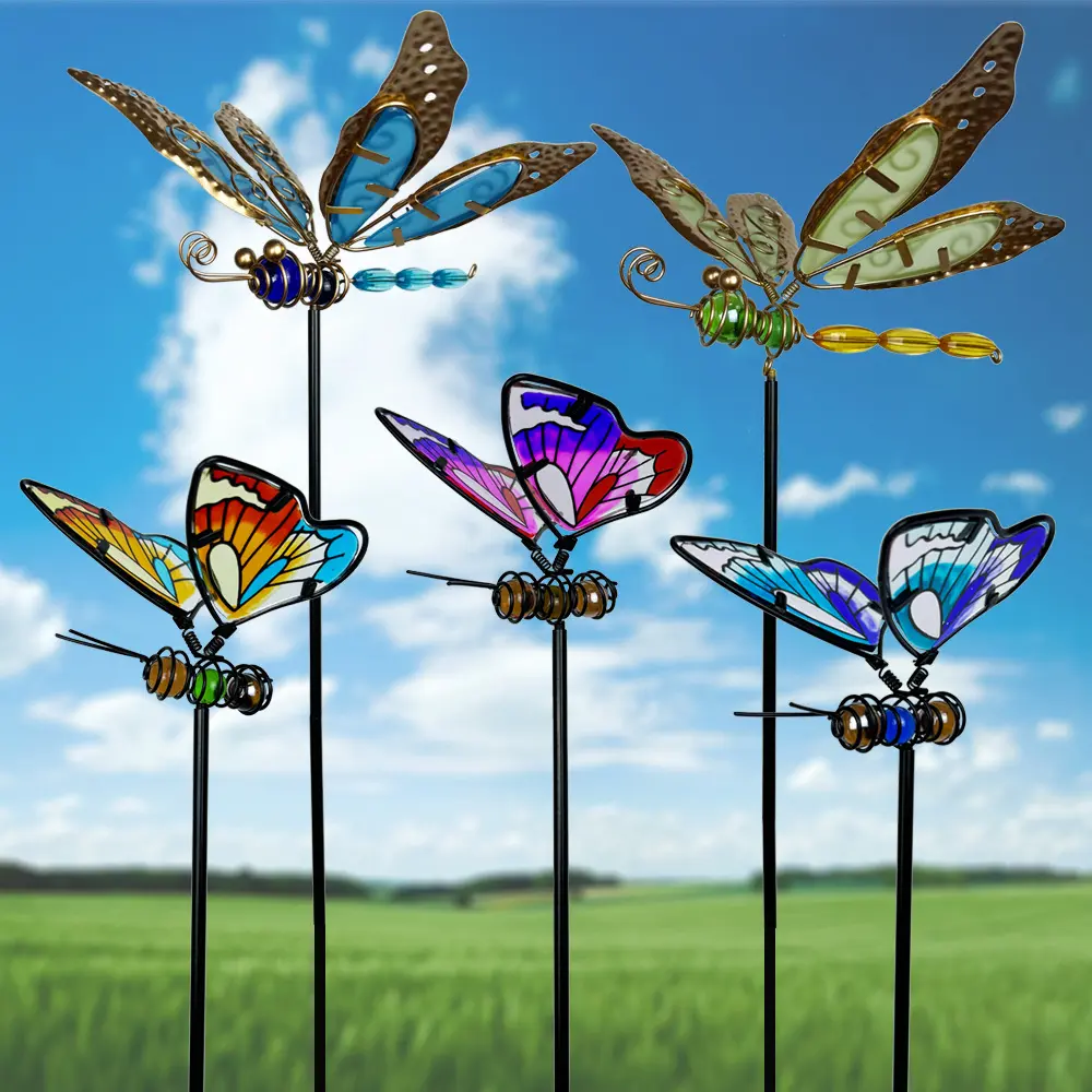 Magical Glow Butterfly Garden Stake  Colorful Glass Dragonfly Plant Decor, Charming Metal Flower Pot Insert for Garden, Patio, Lawn & Backyard Fairy Garden Decoration