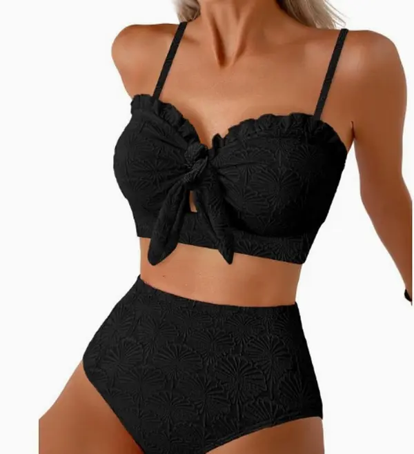 Women's 2-Piece Seashell Textured Bikini Sets - Knotted Front, Ruffle Trim Swimsuits for Swim Week, Vacation | Womenswear Summer Outfits