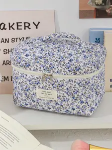 Blue Floral Cosmetic Storage Bag, Large Capacity Makeup Bag Set, Foam Quilted Home Organizer, Practical Travel Makeup Bag with Zipper