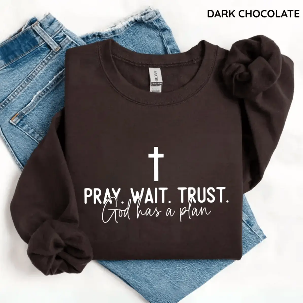 Pray Wait Trust Graphic Sweatshirt for Women, Christian Faith Casual Pullover, Long Sleeve Round Neck Cotton Blend Tops, Graphic Print, Machine Wash