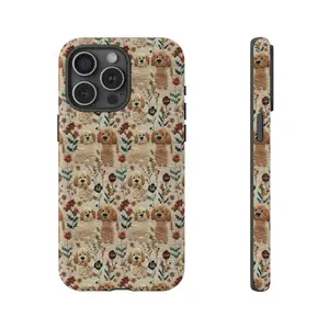 Vintage Goldendoodle Dogs in Bloom Phone Case Knit Look Phone Cover Cottagecore Wildflowers iPhone