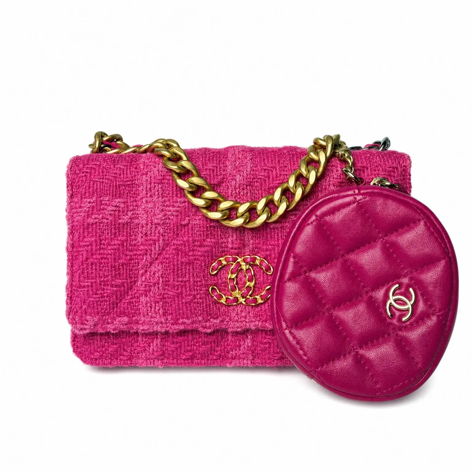 Pre-owned CHANEL X Shoulder Bags Wool Tweed Lambskin Quilted 19 Wallet On Chain Pink 2606230006