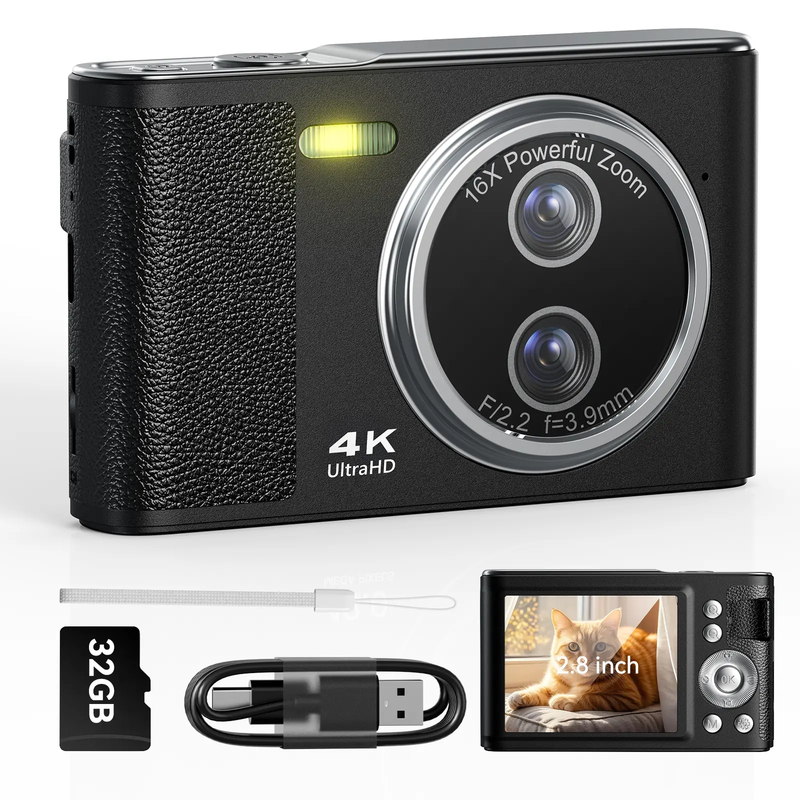 Black DC06 Digital Camera, 48MP FHD 1080P Photo & Video Camera with 16X Zoom and Self-Timer