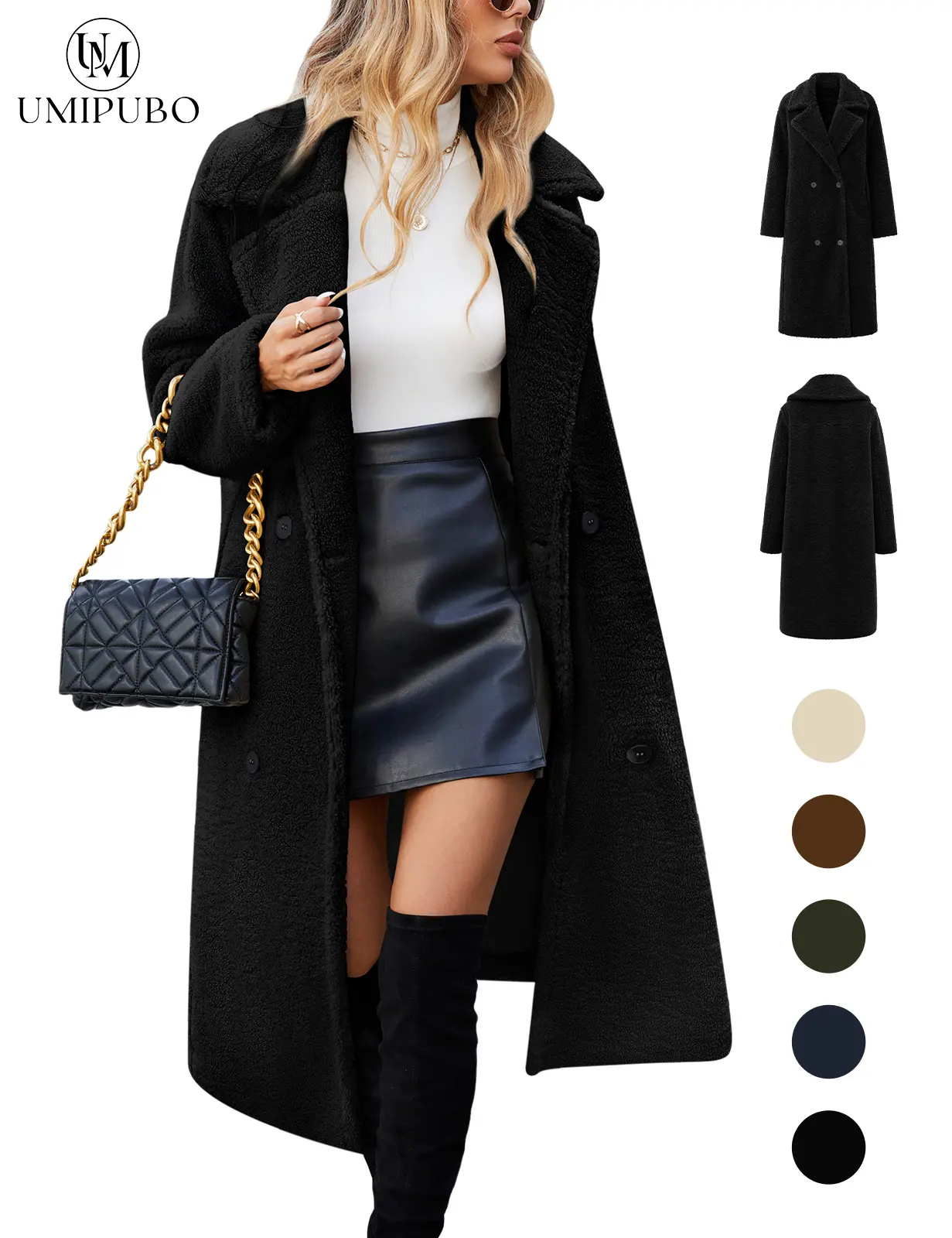 UMIPUBO Women's Long Sleeve Fuzzy Lapel Open Front Fleece Long Cardigan Jacket - Black, Casual, Warm Faux Fur Outerwear, Tops