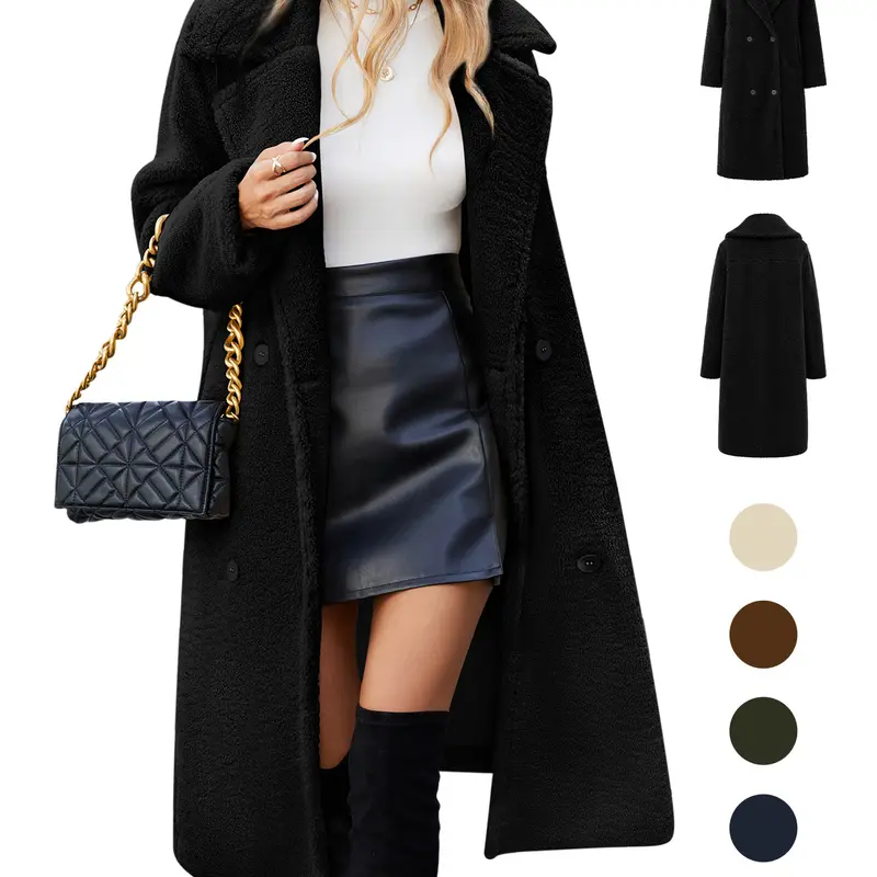 UMIPUBO Women's Long Sleeve Fuzzy Lapel Open Front Fleece Long Cardigan Jacket - Black, Casual, Warm Faux Fur Outerwear, Tops