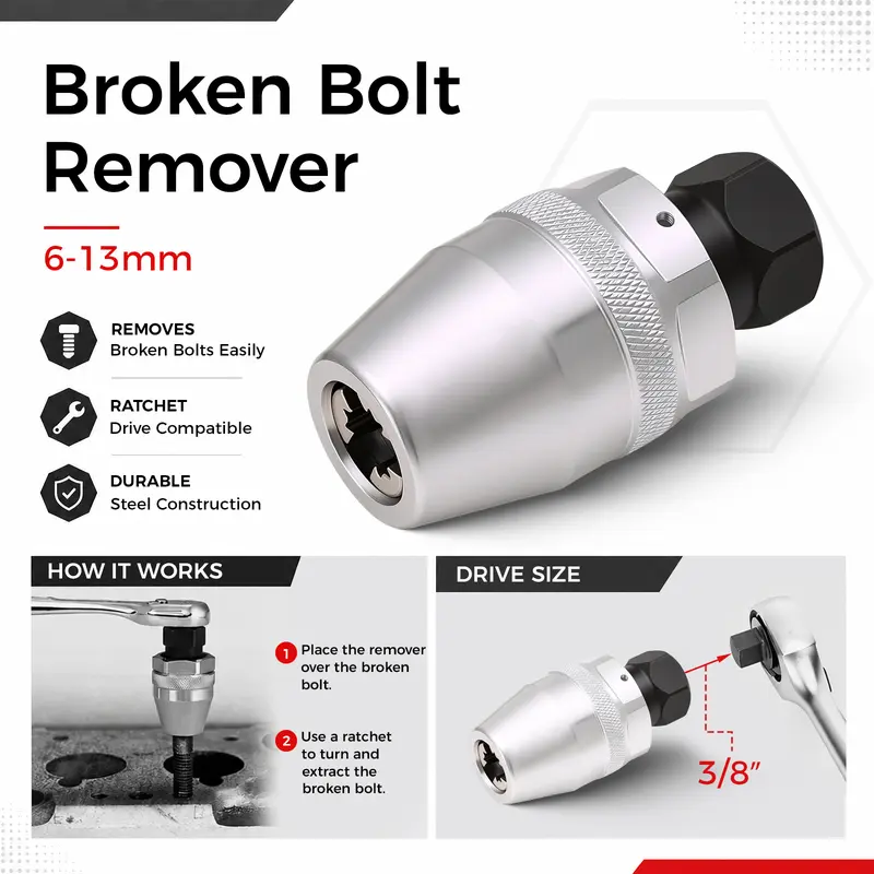 GJANSH 6-13mm Broken Bolt Extractor Set - Metal Damaged Stud Remover Tool for Impact Wrench and Ratchet, Non-Electric Manual Operation,