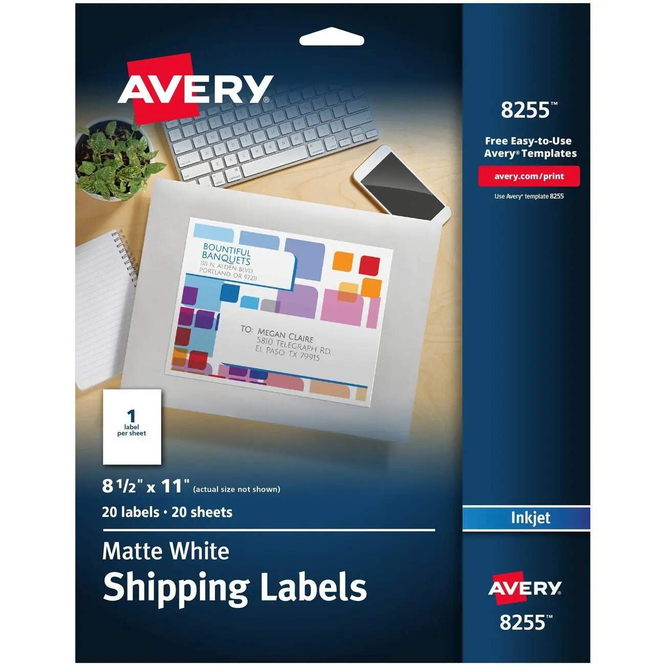 Avery&reg; White Shipping Labels, 8-1/2" x 11" , 20 Labels (8255)