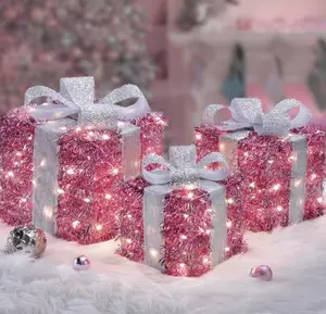 Christmas Lighted Gift Boxes, Pink Christmas Decorations Indoor 8 Modes & Timer Function Set of 3 Plug-in Light Up Present Boxes Christmas Decor 140 LEDs for Holiday Party Xmas Indoor Outdoor