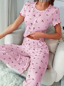 Women's Cherry Print Pajama Set, Front Button Short Sleeve Top and Long Pants, Casual Elegant Comfortable Lounge Pajamas Sleepwear Loungewear, Spring Summer