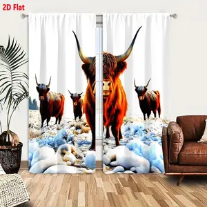 2D Flat Highland Cattle on Snowy Landscape Curtain 2-Piece Set, Red-Brown Cows with White Nose and Large Horns, Snow-Covered Grassy Scene with Bare Trees, Bright Overcast Sky Decorative Drapes for Living Room Bedroom, Vivid Nature Pattern Curtains,