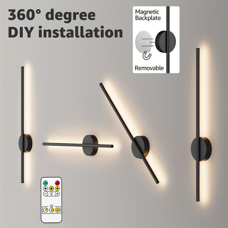 2pcs 50cm Rechargeable Wall Sconce Lights Battery Operated 3 Color Temperature Dimmable Wireless with Remote Control Black for Living Room Bedroom Modern Interior Elegance