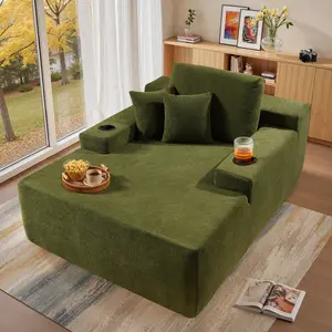 Bonelss Single Chaise Lounge with cup holders, Oversized Floor Sofa Bed, Deep Lazy Seater with 3 Pillows and Armress, Corduroy Sleeper Couch for Living Room, Reading, No Assembly Needed, 67-inch