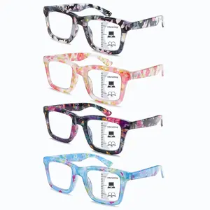 4-Pack Progressive Multifocal Fashion Blue Light Blocking Reading Glasses Classic printed pattern frames Features three-level vision adjustment Spring hinge design accommodates multiple wearers Essential for daily reading and office use