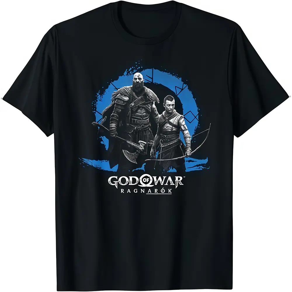 Men's God of War Ragnarok Tops - Unisex Short Sleeve Cotton T-Shirt, Classic Fit, Kratos and Atreus Graphic, Round Neck Menswear, Shortsleeve