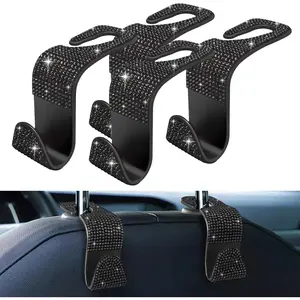 4 Pack Blink   Seat Headrest Hooks  Rhinestone  Purse Holder Universal Interior Accessories for Handbags, Water Bottles, Coats, Umbrellas, Black