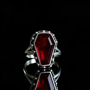 Exquisite and unique coffin-shaped ring, Bohemian style, vintage-set artificial garnet coffin ring, Gothic ring, suitable for women and ladies - fashionable, trendy, eye-catching everyday accessory