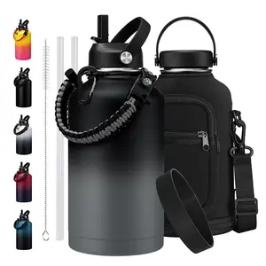 Leak Proof Stainless Steel Flask Water Bottle 64 oz - Insualted Water Bottles with Straw Flex Lid, Survival Paracord, Shoulder Carrier Bag, Metal Hydro Water Flask Mug Sports Hiking Cycling Work