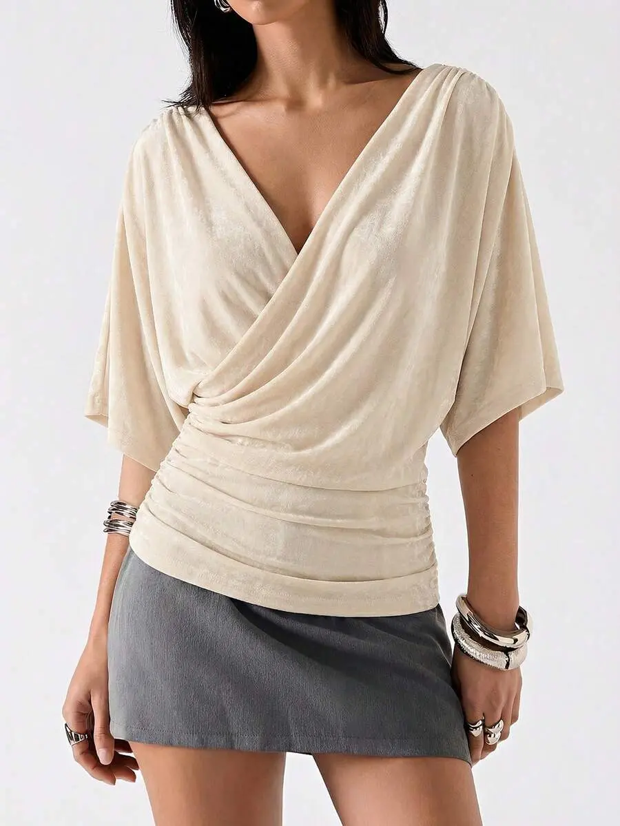 2026 Women's Elegant Cream White Summer Brunch Blouse,Minimalist Overlapping V-Neck Batwing Short Sleeve Casual T-Shirt,Solid Color Wrap