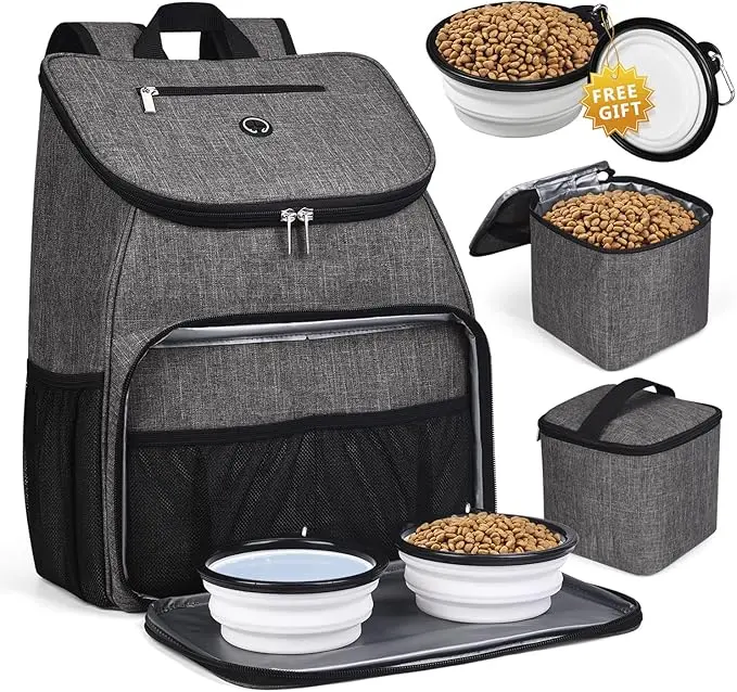 BAGLHER Airline-Approved Foldable Dog Travel Backpack with Handle, 2 Silicone Collapsible Bowls, Collapsible Baskets, Gray Tray for Feeding & Carrying (Rubber Material, Quick Bowl Setup)