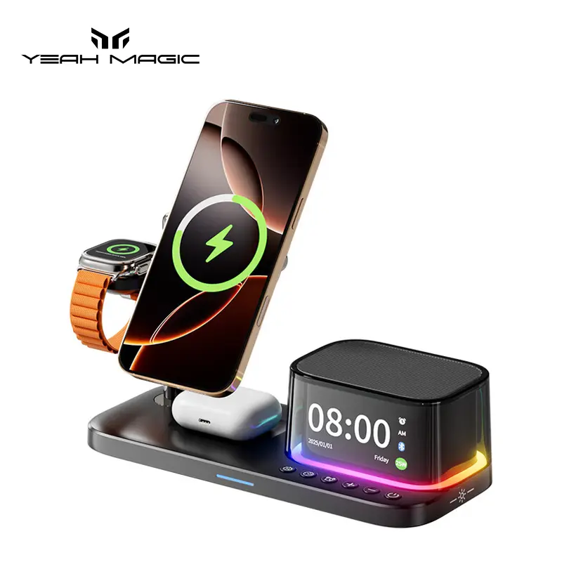 5-in-1 Wireless Charging Station with Bluetooth Speaker, 23W Fast Charger, LED/ARGB Night Light, Qi2 Certified for iPhone, iWatch, Smartphone, Cellphone, Mobile Electronic Devices