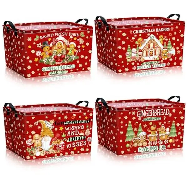 3/4 Pcs Gingerbread Man Christmas Basket Red Fabric Bins 15x10x8 Snowflake Pattern, Foldable Organizer with Handles, For Home Office Laundry Toys Books Cloth Storage, Holiday Decorative Bin