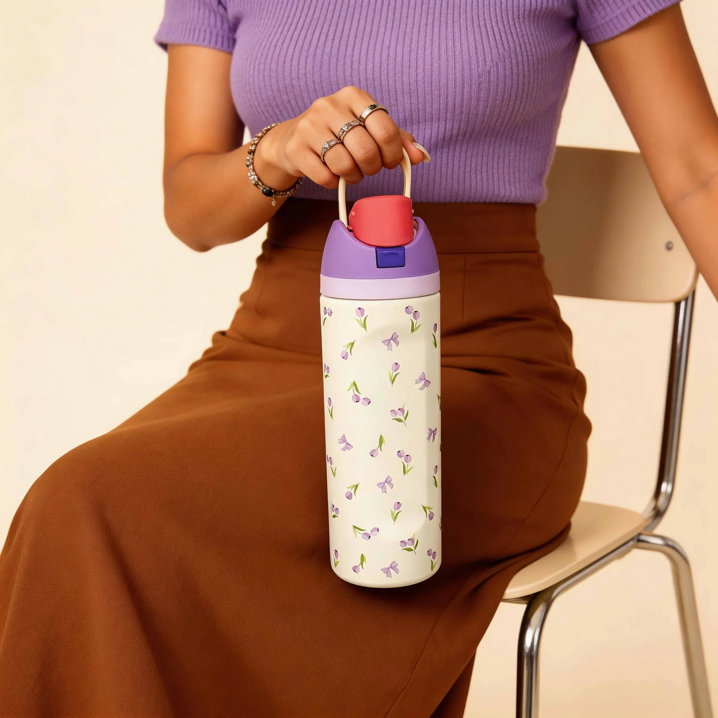 Tulip Bowknot Design Water Bottle, 24oz/32oz/40oz Insulated Stainless Steel Flask, Sports Cup, Travel Mug, Birthday Gift