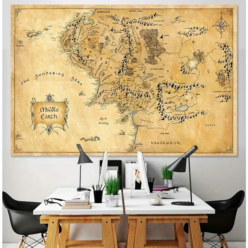 1pc Middle Earth Artwork Print Tapestry - Soft Peach Velvet, Easy to Hang & Store, Detailed Fantasy World Map with Hobbiton & Mordor, Ideal for Living Room, Bedroom Wall Decor, Fantasy Home Accent, Artwork Print Tapestries