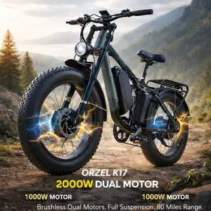 【ORZEL Ebike K17】2000W  Motor Electric bike 80 mile ORZEL K17 48V 25Ah Electric bicycle Lithium Battery 28MPH Max Speed Full Suspension & Shimano Hydraulic Brakes Dual Mountain bike high-speed aluminum adult