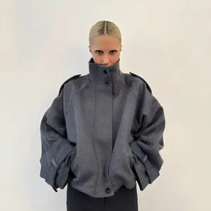 Women's Gray Black Khaki Woolen Jacket with Stand Collar Button and Short Zipper for Autumn Winter Casual Wear