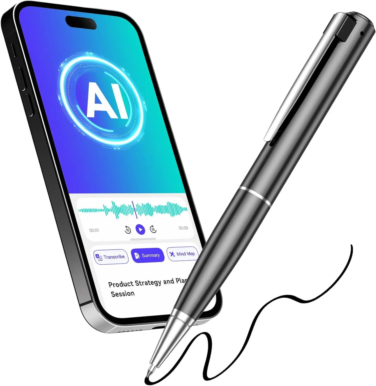 AI Voice Recorder Pen, 32GB Bluetooth Note Taking Recorder with Transcription, Summary and Mind Map App, Rechargeable Audio Recorder for Meetings, Lectures and Interviews
