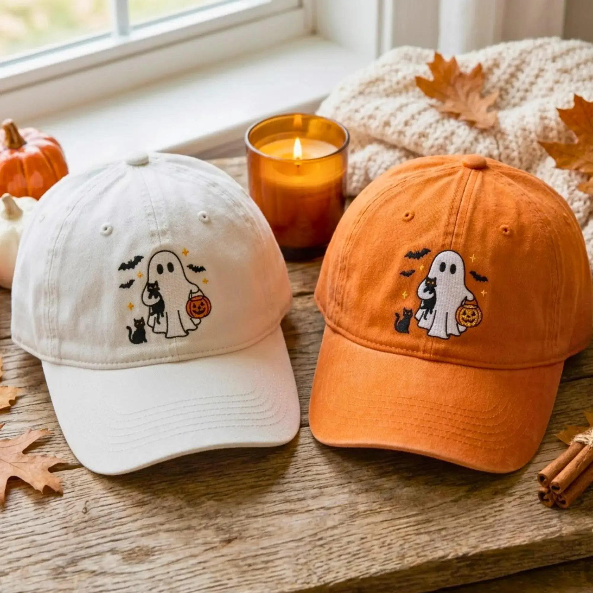 Embroidered Cat Ghost Halloween Hat: Spooky Season Cap