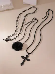 Dark Style Rose Cross Necklace Set Edgy Grunge Aesthetic Stackable And Eye Catching