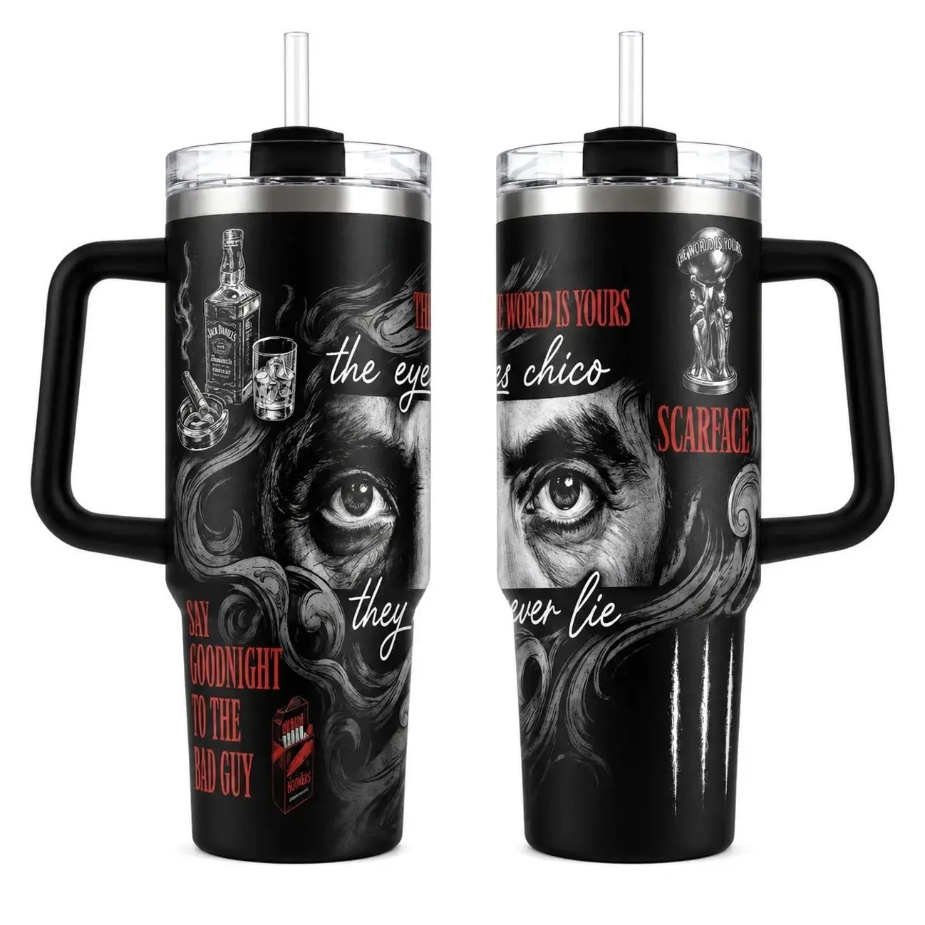 Scarface T0ny M0nt@na Tumbler 30oz 40oz With Handle, Classic Gangster Movie Fan Cup With The World Is Yours And Eyes Chico Inspired Artwork, Not Including The Straw Water Bottles Drinkware