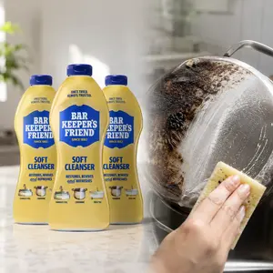 Bar Keepers Friend Soft All-Purpose Cleaner, countertop stains, sink marks, appliance exterior, refrigerator door, microwave splatter, toaster oven grime, coffee stains, tea stains, utensil marks, pan bottoms, enamel, creamy cleanser, daily cleanup