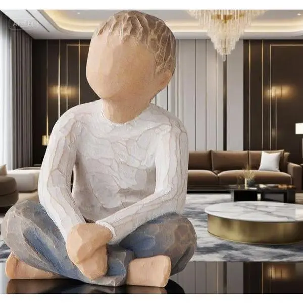 Hand-Painted Seated Boy Sculpture, Blue Jeans Figure for Family Display, Heartwarming Home Decor Statue, Unique Handcrafted Collectible, Thoughtful Gift for Loved Ones Box Carving Cream Table Tree Ornaments vintage home decor art decor minimalist decor
