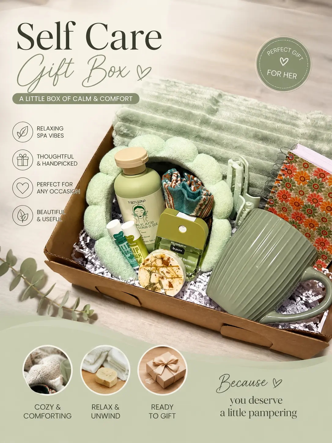 Cozy Self Care Gift Box for Her – Green Relaxation Gift Set with Blanket, Mug & Accessories