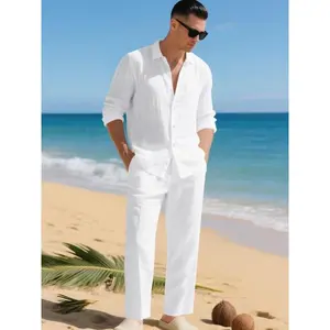 Men's Summer Linen Shirt & Pants Set, Casual Long Sleeve Beachwear, Comfortable Fashion Clothing for Vacation